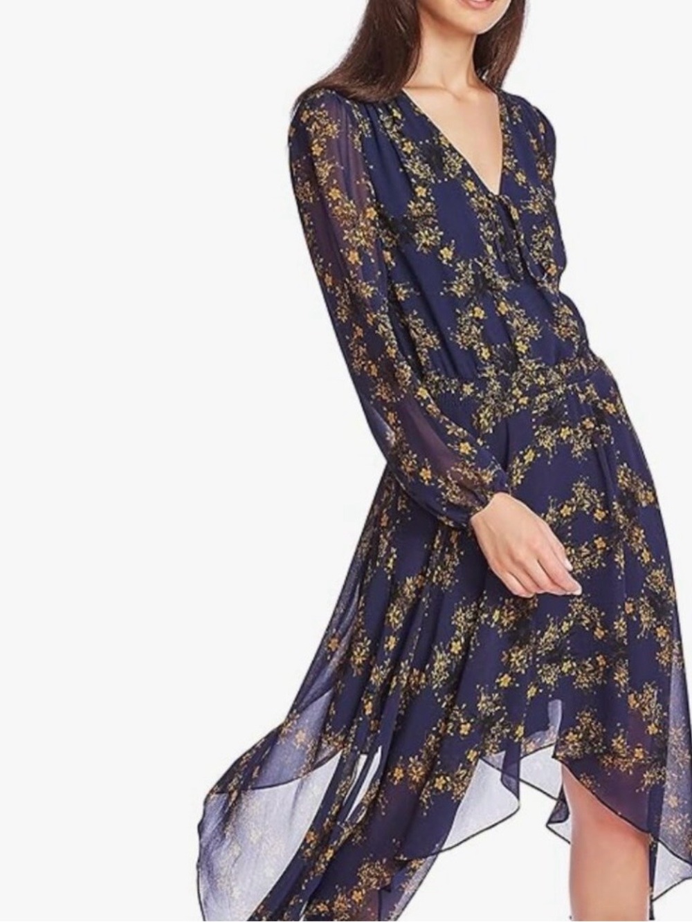 1.STATE Navy Yellow Floral Asymmetrical Midi Dress‎ S